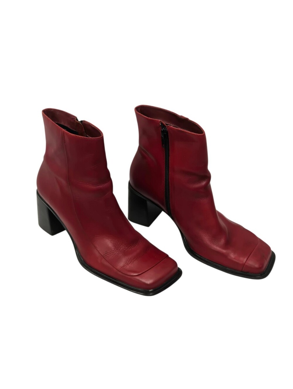 Diba Red Leather Square-Toe Ankle Boots
